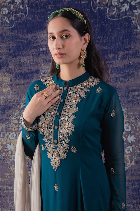 Buy_BAIDEHI_Green Georgette, Satin, Blossomy Embroidered Asymmetric Anarkali With Dupatta _Online_at_Aza_Fashions