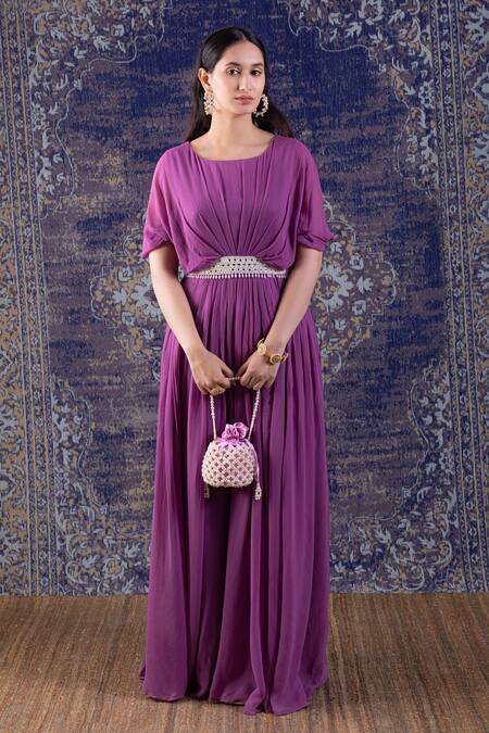 Baidehi_Purple Georgette Sequins, Pearls Mirror Embroidered Waist Pleated Maxi Gown _Online_at_Aza_Fashions