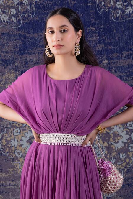 Buy_Baidehi_Purple Georgette Sequins, Pearls Mirror Embroidered Waist Pleated Maxi Gown _Online_at_Aza_Fashions