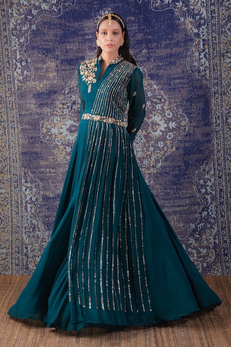 BAIDEHI_Green Georgette Pearls Collared Zardozi Bloom Embroidered Draped Maxi Gown _Online_at_Aza_Fashions