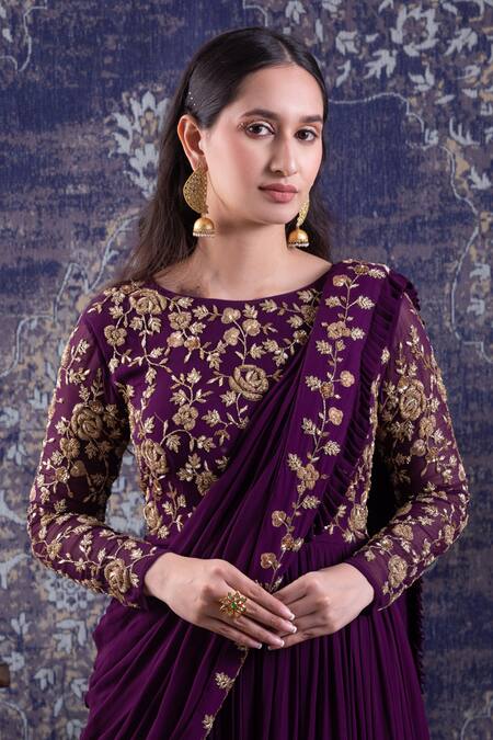 Baidehi_Purple Georgette Sequins, Pearls, Cut Work Round Roseate Embroidered Saree Gown _Online_at_Aza_Fashions