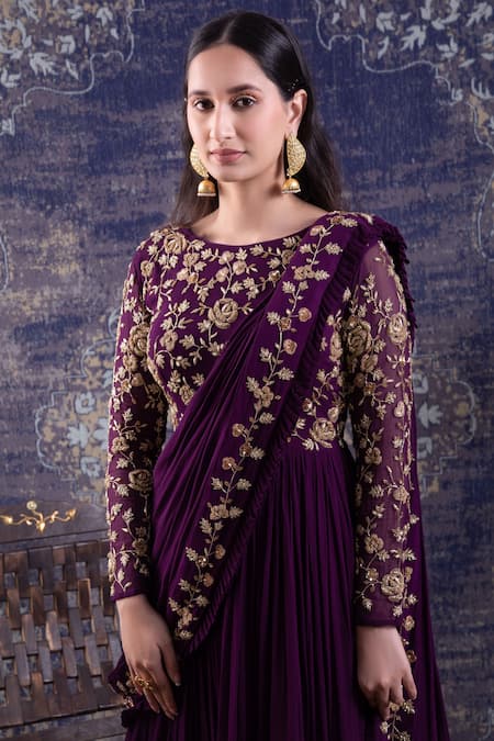 Buy_Baidehi_Purple Georgette Sequins, Pearls, Cut Work Round Roseate Embroidered Saree Gown _Online_at_Aza_Fashions