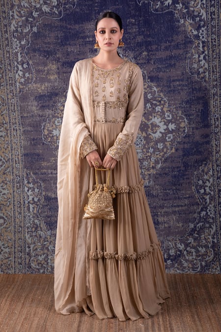 BAIDEHI Beige Silk, Organza, Gardenia Embroidered Frilly Tiered Anarkali With Dupatta 
