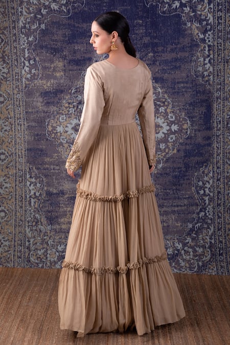 Shop BAIDEHI Beige Silk, Organza, Gardenia Embroidered Frilly Tiered Anarkali With Dupatta at Aza Fashions Shop_BAIDEHI_Beige Silk, Organza, Gardenia Embroidered Frilly Tiered Anarkali With Dupatta _at_Aza_Fashions