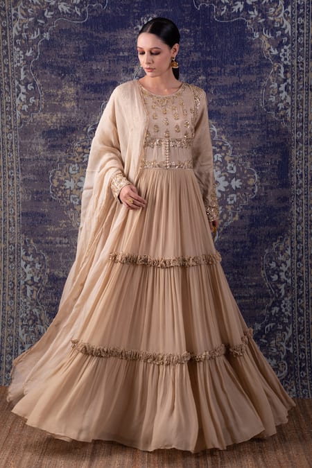 BAIDEHI Beige Silk, Organza, Gardenia Embroidered Frilly Tiered Anarkali With Dupatta Online at Aza Fashions BAIDEHI_Beige Silk, Organza, Gardenia Embroidered Frilly Tiered Anarkali With Dupatta _Online_at_Aza_Fashions