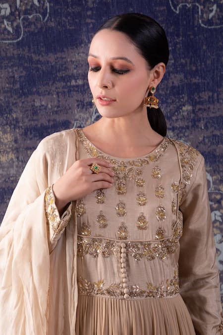 Buy BAIDEHI Beige Silk, Organza, Gardenia Embroidered Frilly Tiered Anarkali With Dupatta Online at Aza Fashions Buy_BAIDEHI_Beige Silk, Organza, Gardenia Embroidered Frilly Tiered Anarkali With Dupatta _Online_at_Aza_Fashions