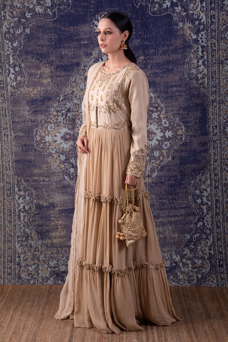 Shop BAIDEHI Beige Silk, Organza, Gardenia Embroidered Frilly Tiered Anarkali With Dupatta Online at Aza Fashions Shop_BAIDEHI_Beige Silk, Organza, Gardenia Embroidered Frilly Tiered Anarkali With Dupatta _Online_at_Aza_Fashions