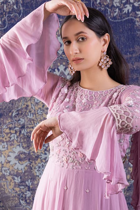 Baidehi Purple Georgette Embroidery Round Neck Lily Bloom Jaal Maxi Gown Online at Aza Fashions Baidehi_Purple Georgette Embroidery Round Neck Lily Bloom Jaal Maxi Gown _Online_at_Aza_Fashions