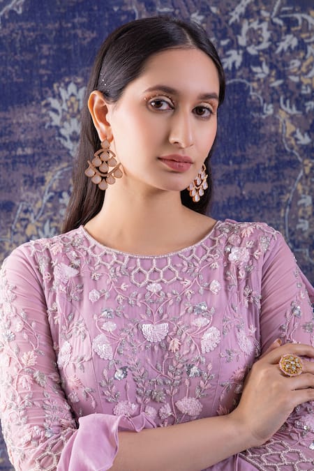 Buy Baidehi Purple Georgette Embroidery Round Neck Lily Bloom Jaal Maxi Gown Online at Aza Fashions Buy_Baidehi_Purple Georgette Embroidery Round Neck Lily Bloom Jaal Maxi Gown _Online_at_Aza_Fashions