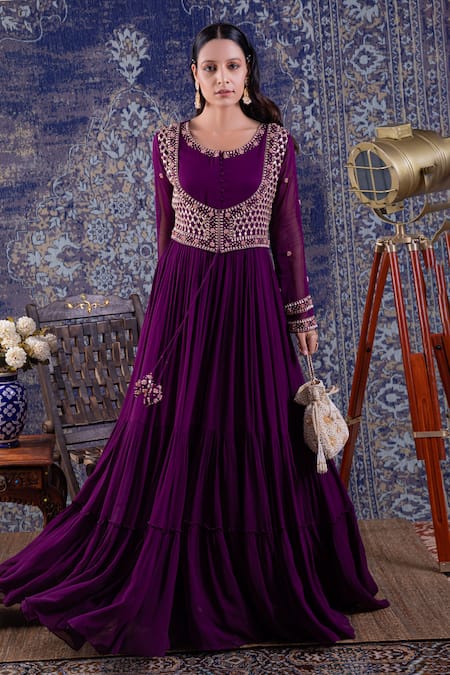 Shop BAIDEHI Purple Georgette Pearls, Sequins, Tassels Persian Jaal Embroidered Anarkali at Aza Fashions Shop_BAIDEHI_Purple Georgette Pearls, Sequins, Tassels Persian Jaal Embroidered Anarkali _at_Aza_Fashions