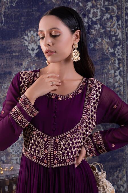 BAIDEHI Purple Georgette Pearls, Sequins, Tassels Persian Jaal Embroidered Anarkali Online at Aza Fashions BAIDEHI_Purple Georgette Pearls, Sequins, Tassels Persian Jaal Embroidered Anarkali _Online_at_Aza_Fashions