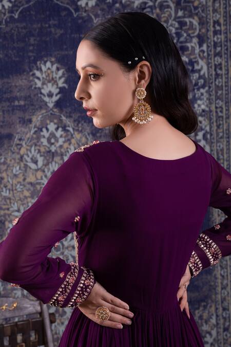Shop BAIDEHI Purple Georgette Pearls, Sequins, Tassels Persian Jaal Embroidered Anarkali Online at Aza Fashions Shop_BAIDEHI_Purple Georgette Pearls, Sequins, Tassels Persian Jaal Embroidered Anarkali _Online_at_Aza_Fashions