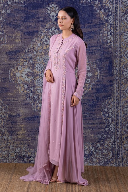 Buy_BAIDEHI_Purple Georgette Sequins, Pearls Plumeria Embroidered Anarkali With Dupatta _Online_at_Aza_Fashions