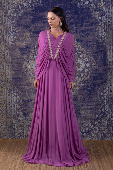 Baidehi_Purple Georgette Sequins, Pearls, Diamonds V-neck Cowl Draped Cape Sleeves Gown _Online_at_Aza_Fashions