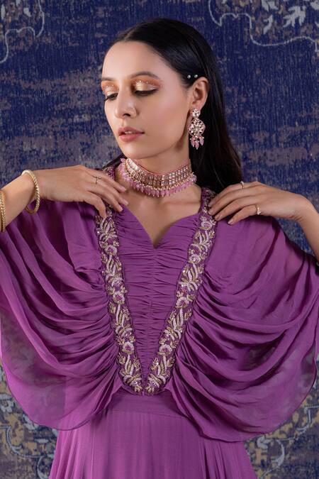Buy_Baidehi_Purple Georgette Sequins, Pearls, Diamonds V-neck Cowl Draped Cape Sleeves Gown _Online_at_Aza_Fashions
