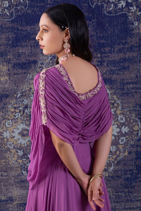 Shop_Baidehi_Purple Georgette Sequins, Pearls, Diamonds V-neck Cowl Draped Cape Sleeves Gown _Online_at_Aza_Fashions