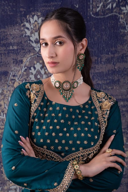 BAIDEHI_Green Georgette, Organza, Silk Sequins, Diamonds, Florence Kurta Sharara Set _Online_at_Aza_Fashions