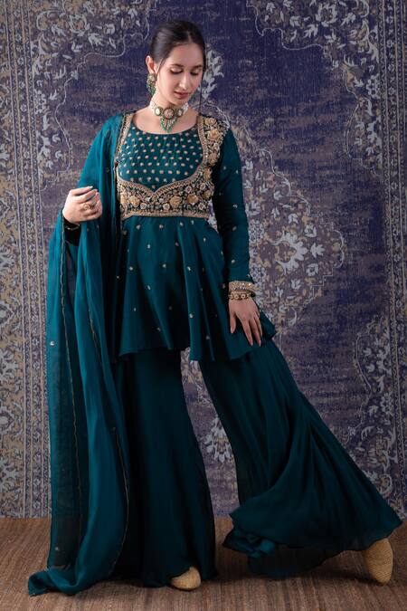 Buy_BAIDEHI_Green Georgette, Organza, Silk Sequins, Diamonds, Florence Kurta Sharara Set _Online_at_Aza_Fashions