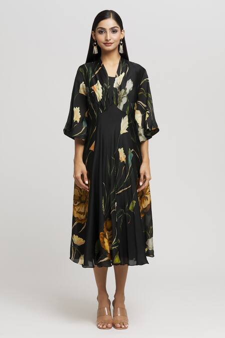 Whimsical By Shica_Black Organza, Satin Embroidery, Beads V-neck Floral Print Draped Dress _Online_at_Aza_Fashions