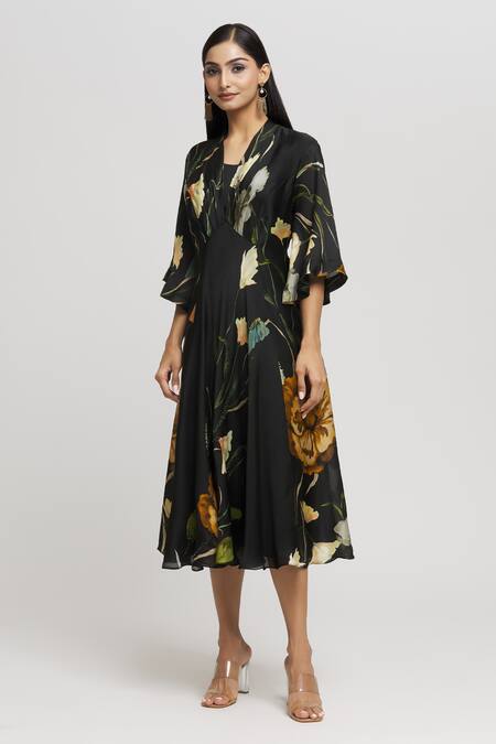 Buy_Whimsical By Shica_Black Organza, Satin Embroidery, Beads V-neck Floral Print Draped Dress _Online_at_Aza_Fashions