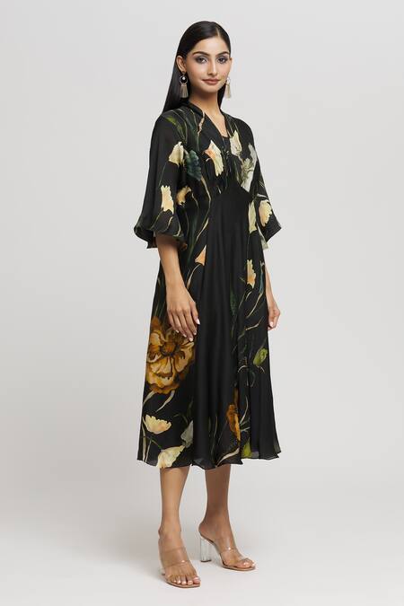 Shop_Whimsical By Shica_Black Organza, Satin Embroidery, Beads V-neck Floral Print Draped Dress _Online_at_Aza_Fashions