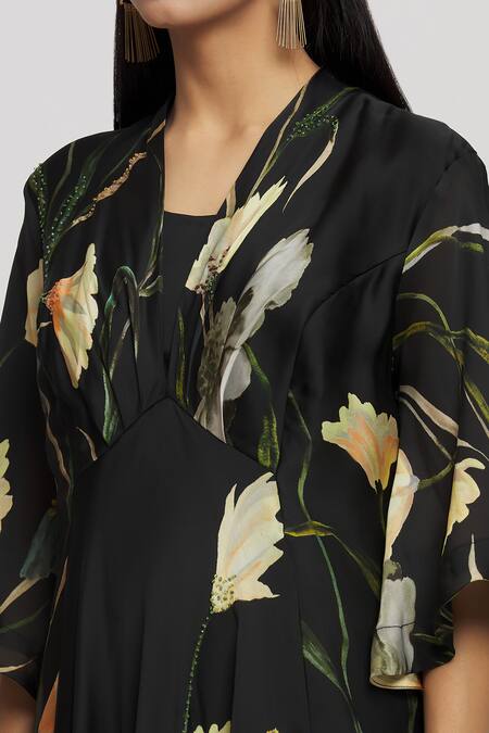Whimsical By Shica_Black Organza, Satin Embroidery, Beads V-neck Floral Print Draped Dress _at_Aza_Fashions