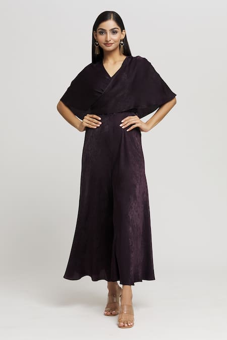 Buy_Whimsical By Shica_Maroon Velvet V-neck Cape Sleeve Jumpsuit _Online_at_Aza_Fashions