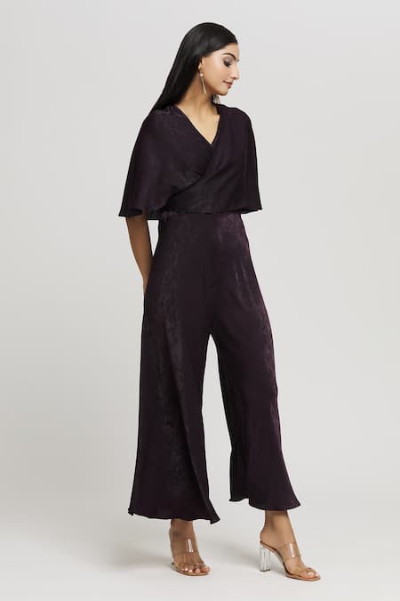 Shop_Whimsical By Shica_Maroon Velvet V-neck Cape Sleeve Jumpsuit _Online_at_Aza_Fashions