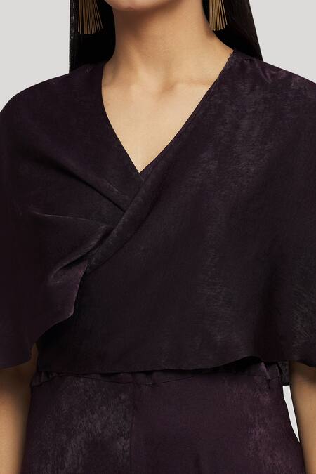 Whimsical By Shica_Maroon Velvet V-neck Cape Sleeve Jumpsuit _at_Aza_Fashions