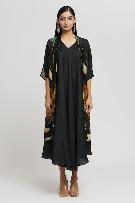 Whimsical By Shica_Black Organza, Satin Embroidery, Beads Floral Placement Print Jacket Dress _Online_at_Aza_Fashions