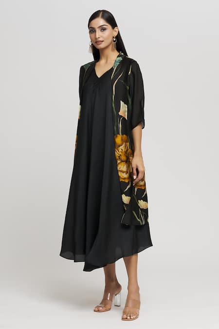 Buy_Whimsical By Shica_Black Organza, Satin Embroidery, Beads Floral Placement Print Jacket Dress _Online_at_Aza_Fashions