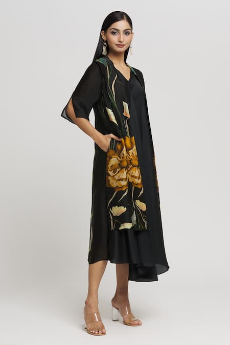 Shop_Whimsical By Shica_Black Organza, Satin Embroidery, Beads Floral Placement Print Jacket Dress _Online_at_Aza_Fashions