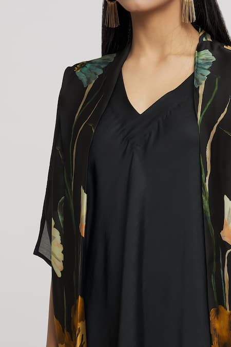 Whimsical By Shica_Black Organza, Satin Embroidery, Beads Floral Placement Print Jacket Dress _at_Aza_Fashions