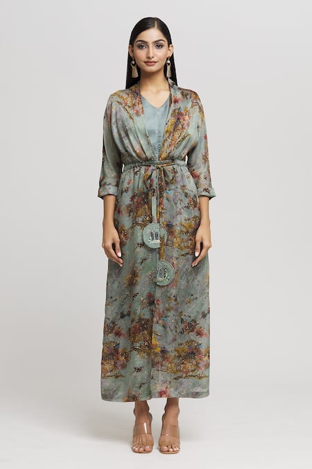 Whimsical By Shica_Blue Organza, Satin V-neck Tree Print Jumpsuit _Online_at_Aza_Fashions