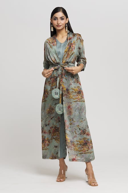 Buy_Whimsical By Shica_Blue Organza, Satin V-neck Tree Print Jumpsuit _Online_at_Aza_Fashions