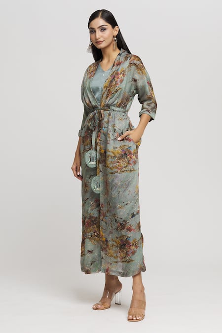 Shop_Whimsical By Shica_Blue Organza, Satin V-neck Tree Print Jumpsuit _Online_at_Aza_Fashions