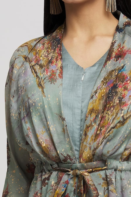 Whimsical By Shica_Blue Organza, Satin V-neck Tree Print Jumpsuit _at_Aza_Fashions