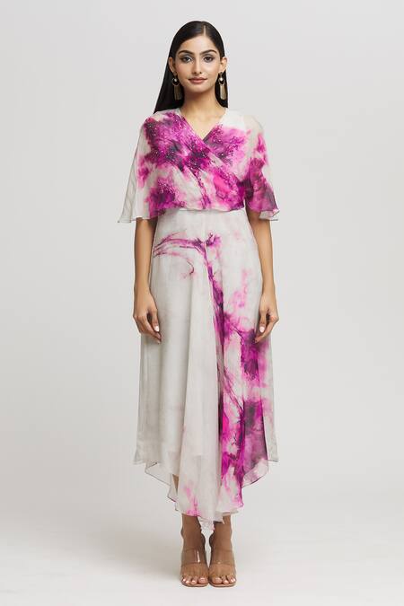 Whimsical By Shica_Grey Organza Crystals V-neck Abstract Pattern Cape Dress _Online_at_Aza_Fashions