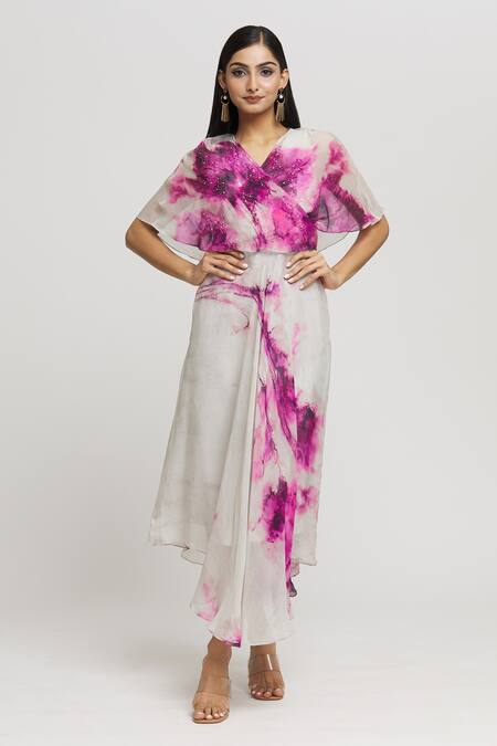 Buy_Whimsical By Shica_Grey Organza Crystals V-neck Abstract Pattern Cape Dress _Online_at_Aza_Fashions