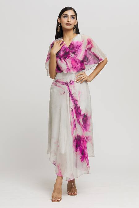 Shop_Whimsical By Shica_Grey Organza Crystals V-neck Abstract Pattern Cape Dress _Online_at_Aza_Fashions