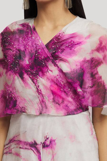 Whimsical By Shica_Grey Organza Crystals V-neck Abstract Pattern Cape Dress _at_Aza_Fashions