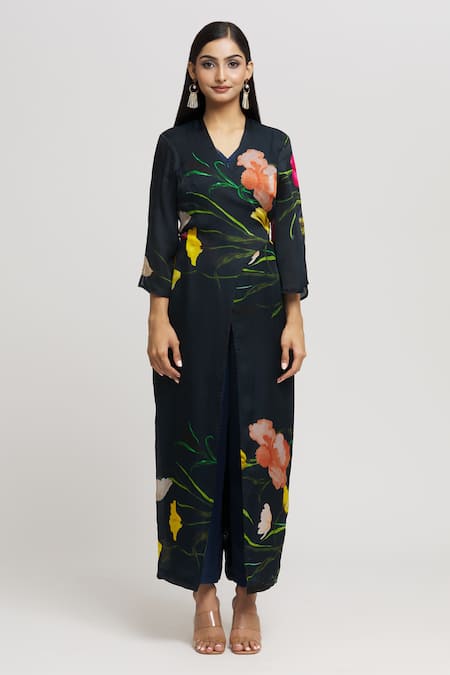 Whimsical By Shica_Blue Organza, Satin V-neck Floral Print Jumpsuit _Online_at_Aza_Fashions