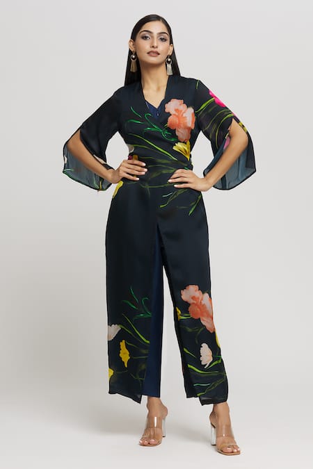 Buy_Whimsical By Shica_Blue Organza, Satin V-neck Floral Print Jumpsuit _Online_at_Aza_Fashions