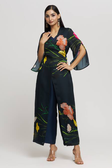 Shop_Whimsical By Shica_Blue Organza, Satin V-neck Floral Print Jumpsuit _Online_at_Aza_Fashions