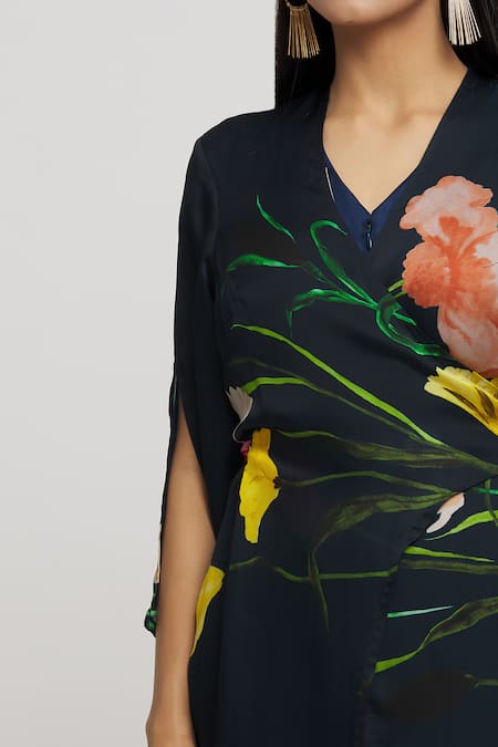 Whimsical By Shica_Blue Organza, Satin V-neck Floral Print Jumpsuit _at_Aza_Fashions