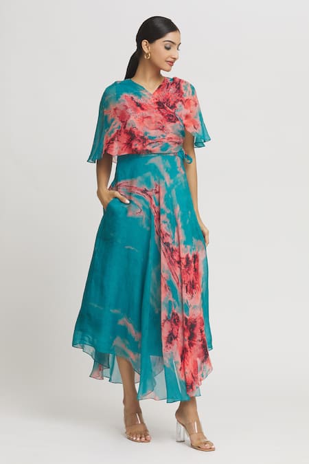 Whimsical By Shica Blue Organza, Satin Crystals V-neck Abstract Brush Stroke Pattern Dress 