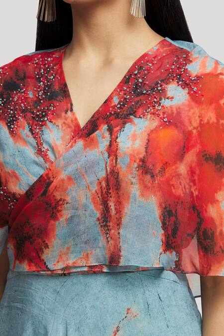 Whimsical By Shica Blue Organza Crystals V-neck Brush Stroke Pattern Asymmetric Dress Online at Aza Fashions Whimsical By Shica_Blue Organza Crystals V-neck Brush Stroke Pattern Asymmetric Dress _Online_at_Aza_Fashions