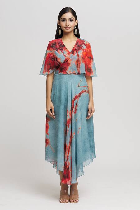 Buy Whimsical By Shica Blue Organza Crystals V-neck Brush Stroke Pattern Asymmetric Dress Online at Aza Fashions Buy_Whimsical By Shica_Blue Organza Crystals V-neck Brush Stroke Pattern Asymmetric Dress _Online_at_Aza_Fashions