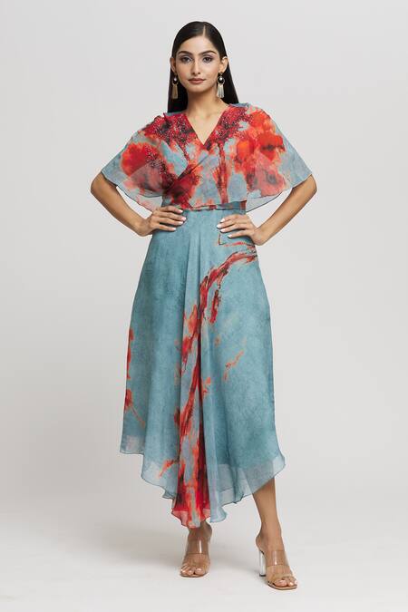 Shop Whimsical By Shica Blue Organza Crystals V-neck Brush Stroke Pattern Asymmetric Dress Online at Aza Fashions Shop_Whimsical By Shica_Blue Organza Crystals V-neck Brush Stroke Pattern Asymmetric Dress _Online_at_Aza_Fashions