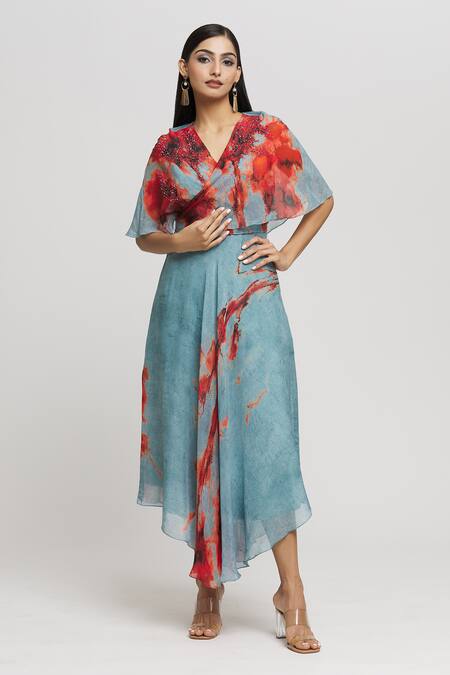 Whimsical By Shica Blue Organza Crystals V-neck Brush Stroke Pattern Asymmetric Dress at Aza Fashions Whimsical By Shica_Blue Organza Crystals V-neck Brush Stroke Pattern Asymmetric Dress _at_Aza_Fashions